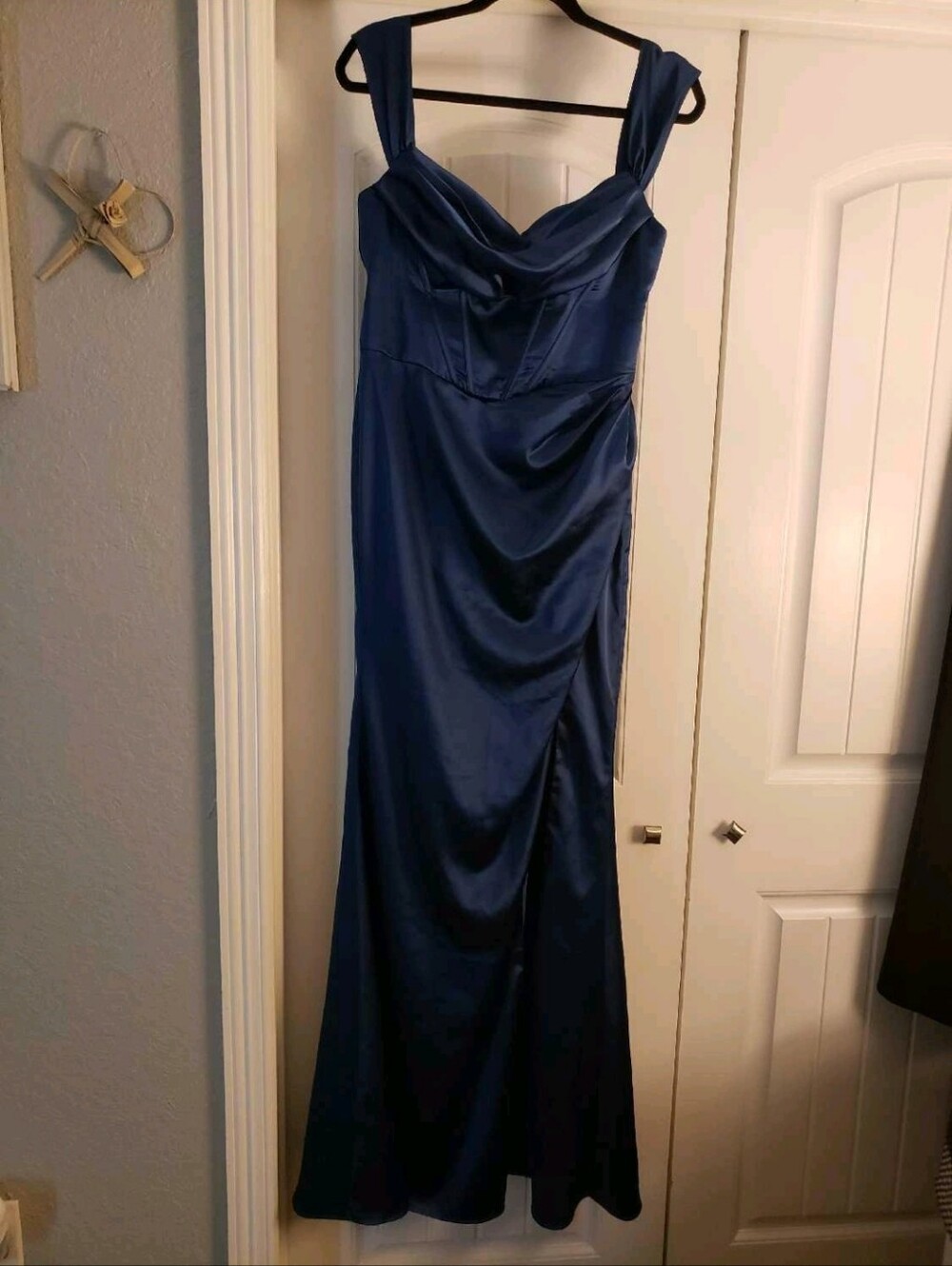 Satin Deep Blue V-Neck Maxi Dress